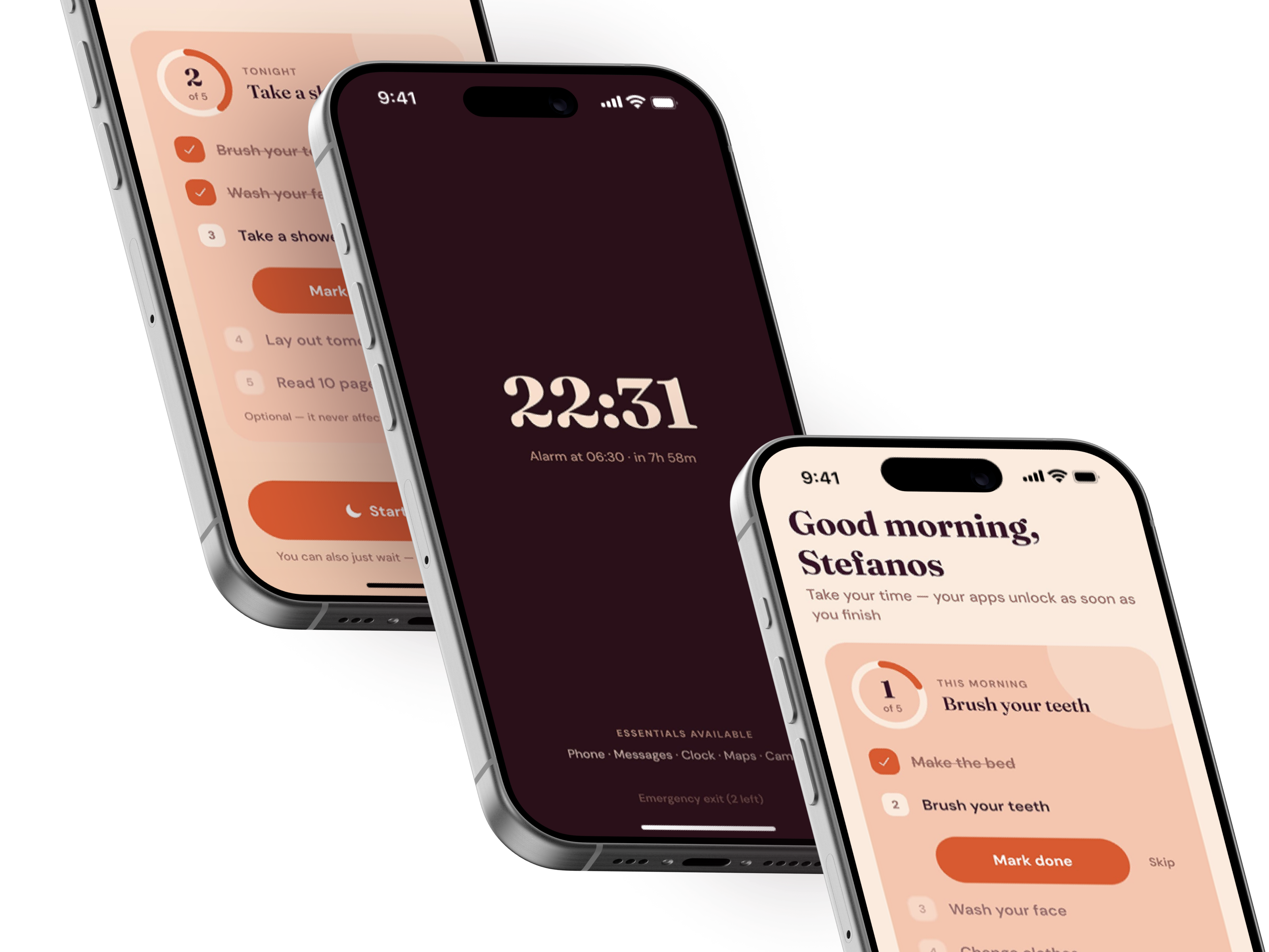 Dawnwell's sleep lock screen, wind-down checklist, and morning routine